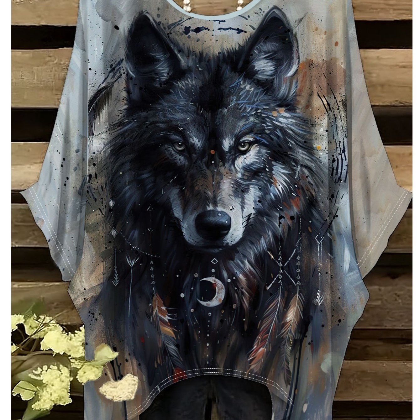 TEMU Damen-T-Shirt in Übergröße mit böhmischem Wolfs-Print – Ganzkörper-Wolfskop-Design, unregelmäßiger Saum, Rundhals, Kurzarm-Top, leicht dehnbar,