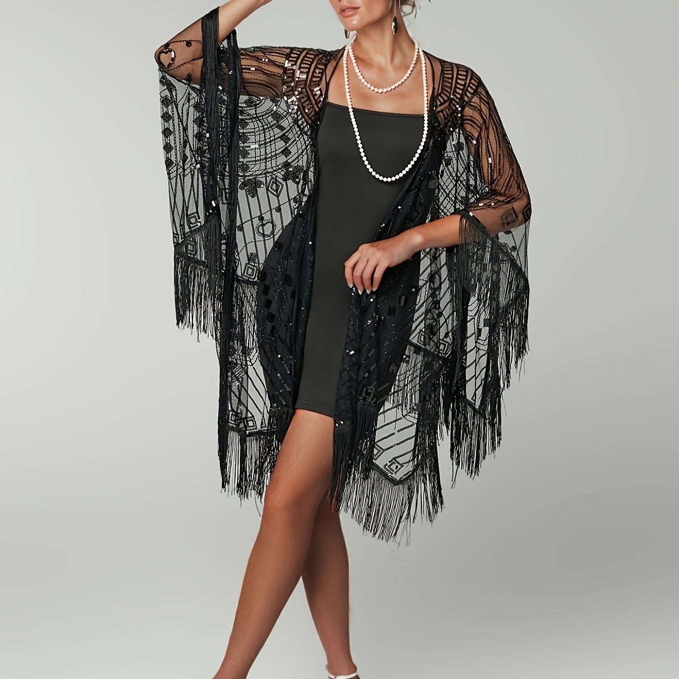 E-shop Vintage Gatsby-Stil Damen Schwarzes Mesh Pailletten Fransen Schal Cardigan, Elegante Party- Abendveranstaltung Oberbekleidung Bluse, Damenmode