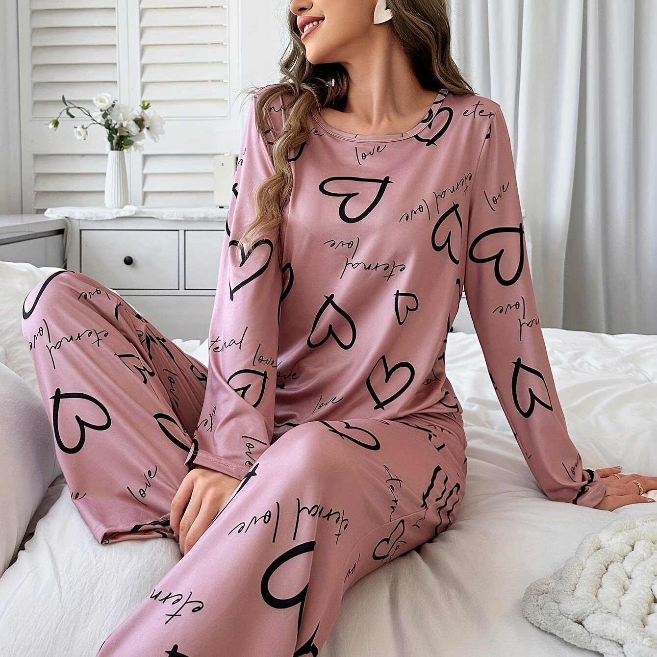 TEMU Casual And -shaped And Letter Pattern Printed Long-sleeve Long Pants Pajama Set For Women