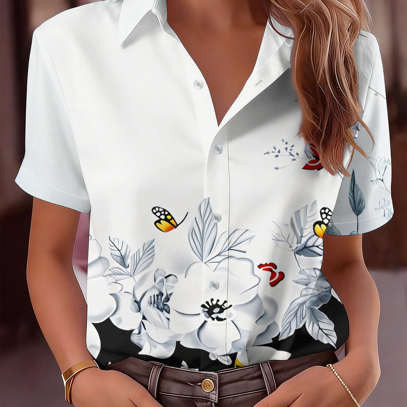 TEMU Women's Fashion Short-sleeve Shirt With Black And White Floral And Colorful Accent Print, Button-up Short-sleeve Top