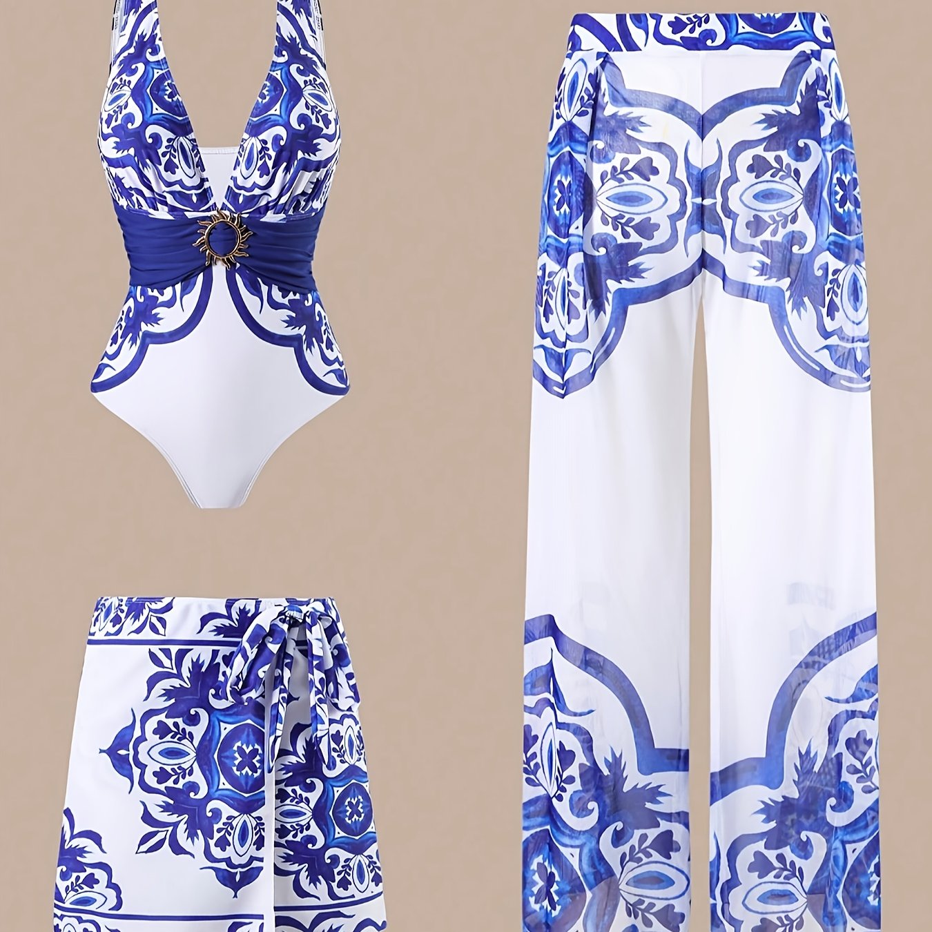 item picture womens fashion ethnic print mature   1pc bikini with skirt and extended pants beach seaside colorful   swimming 26ss   trend bikini swimsuit 3pcs set
