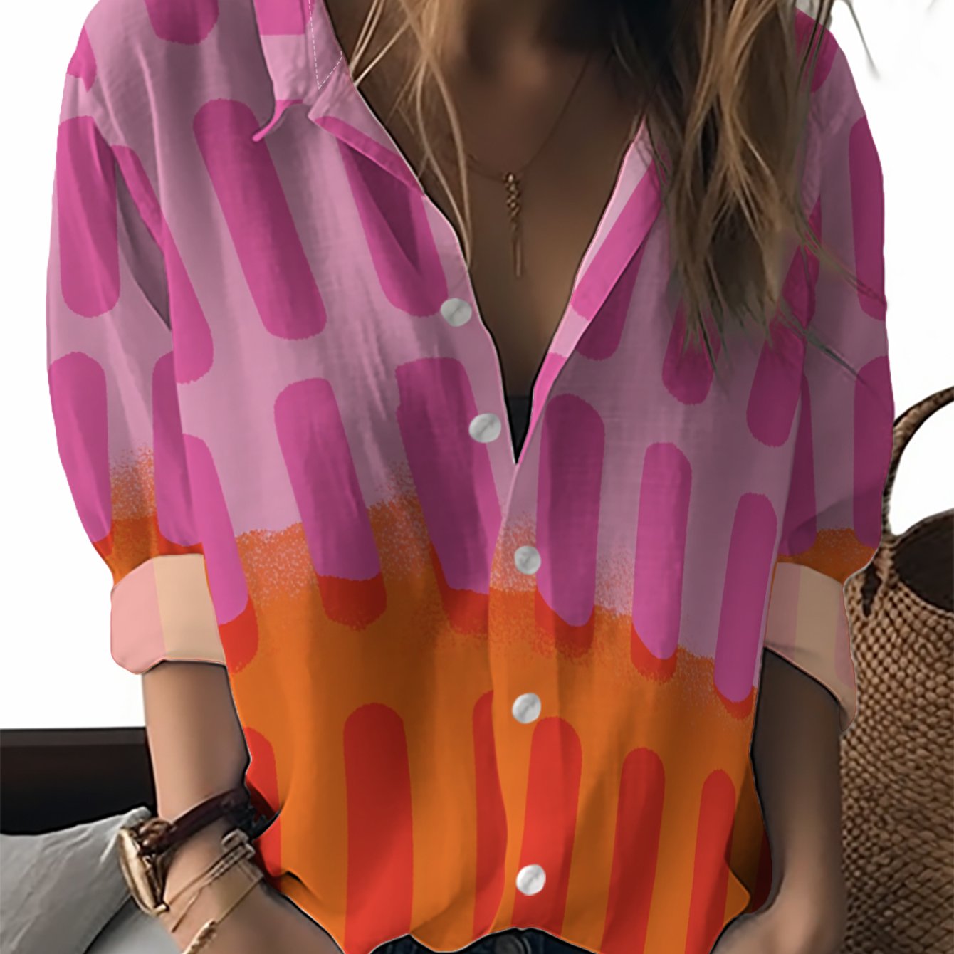 TEMU The Long-sleeved Shirt For Women Features A Pink- With Vertical Stripes In Pink And Red, Suitable For , Machine Washable, And Perfect For Casual