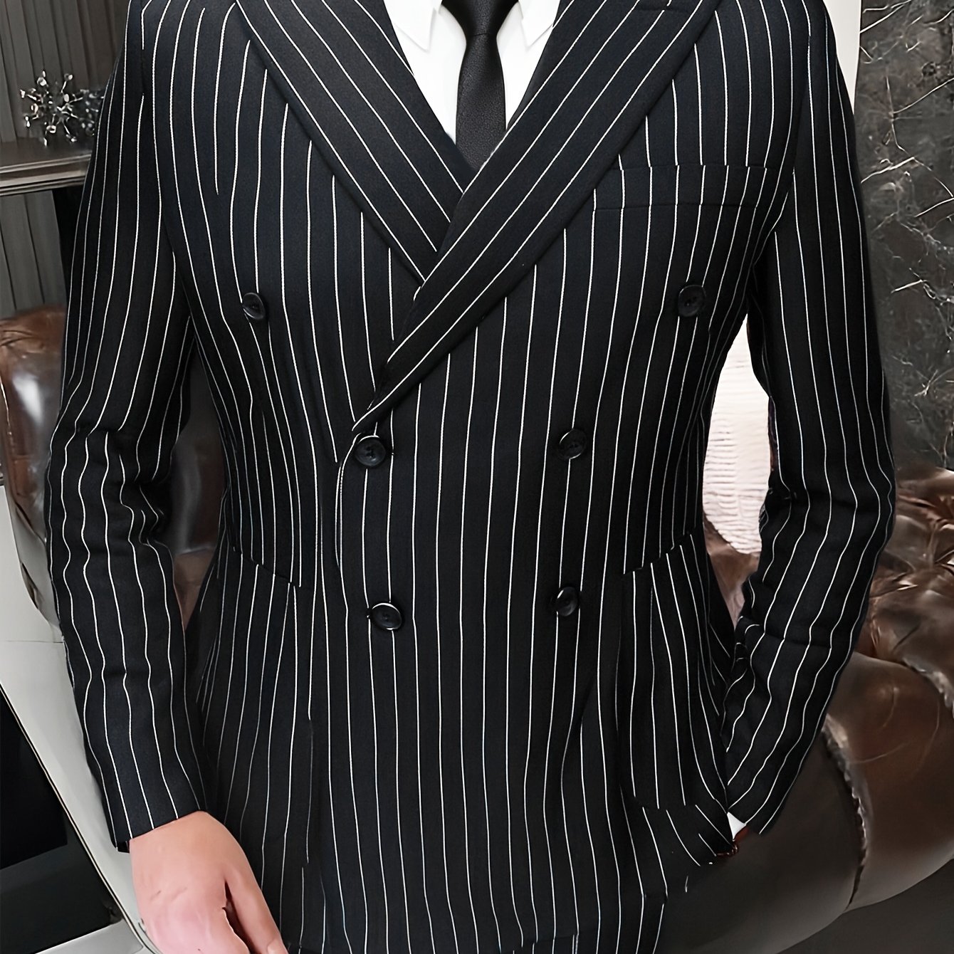 TEMU Men's High-quality Black Striped Suit Lapel Double-breasted Prom Party Suit And Pants Two-piece Suit