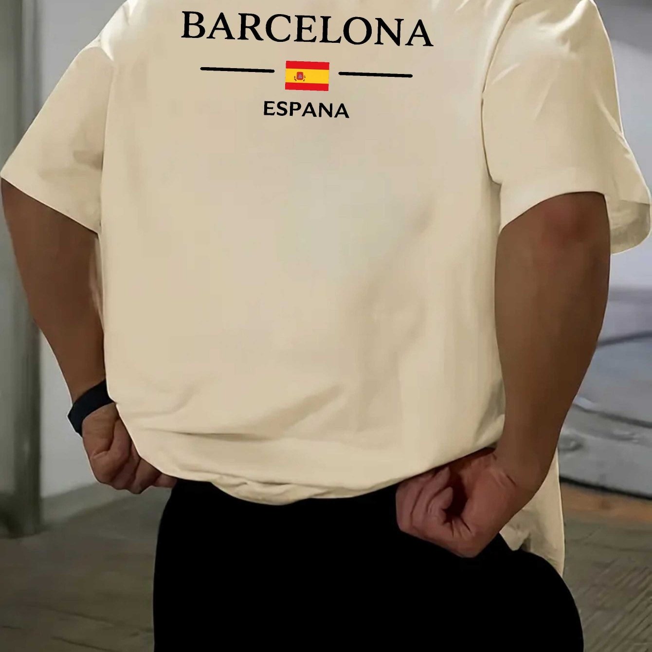 TEMU Men's Barcelona Spain Flag Graphic T-shirt - Large & Wide Fit, Casual Short Sleeve Round Neck Tee With Lettering, Lightweight Summer Top For