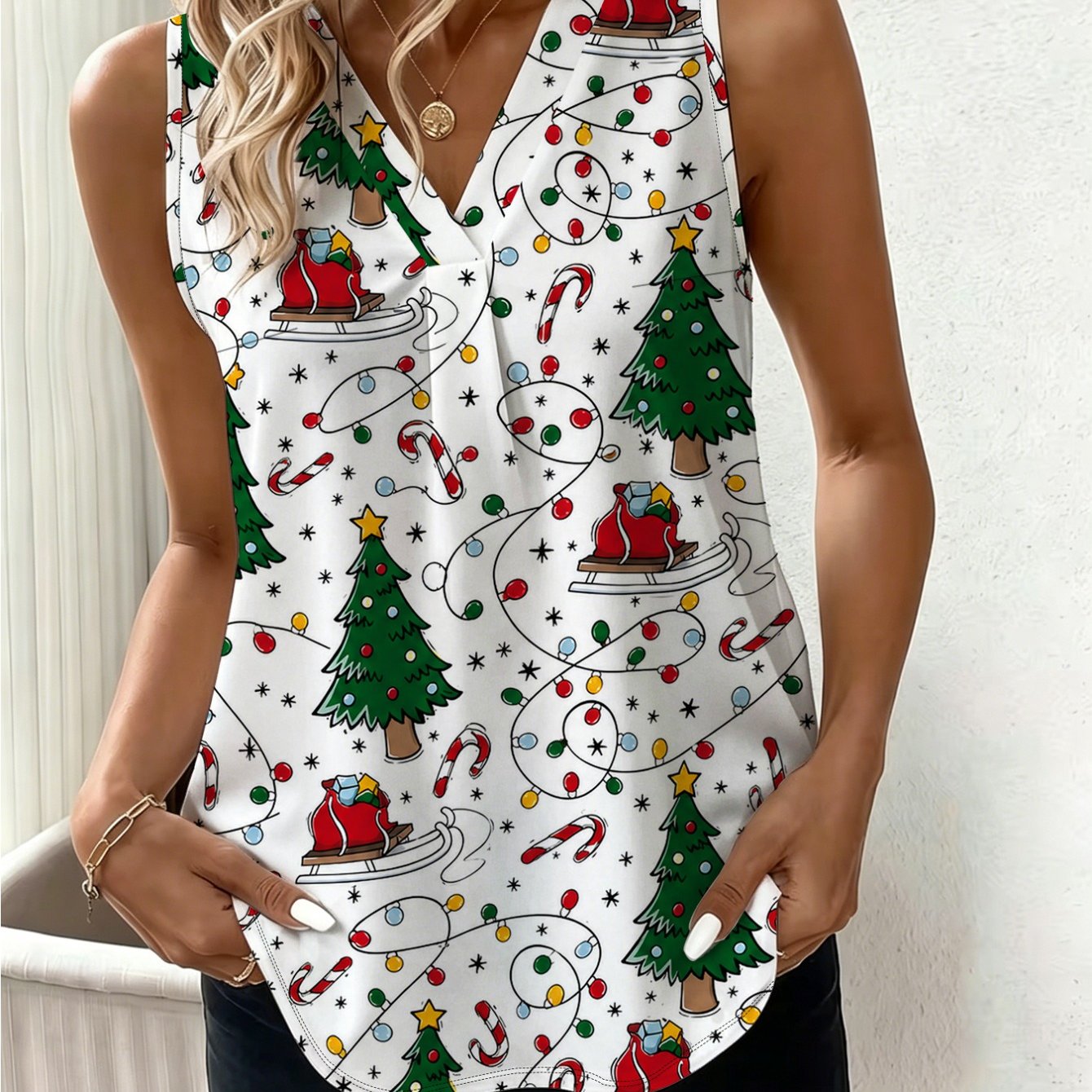 TEMU Plus Size, Plus Size Women's Round Neck Stretch Sleeveless V-neck Tank Top, Christmas Lights And Christmas Tree V-neck Top, Comfortable And Size
