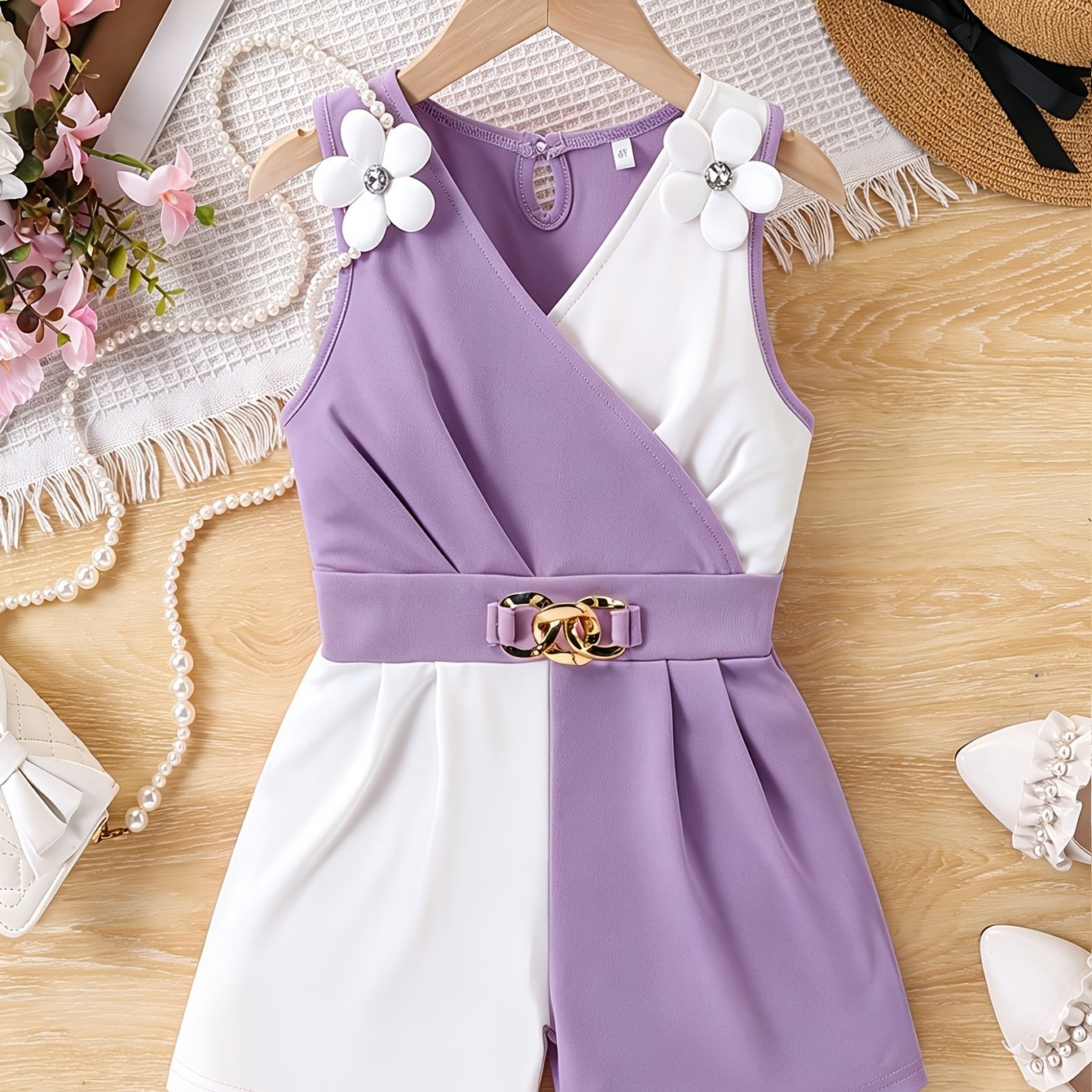 TEMU Single Piece Girls' Summer Jumpsuit, Fashionable And Stylish, Sleeveless Shorts Romper, Little Girl With Chain Elastic Waist Comfortable Soft