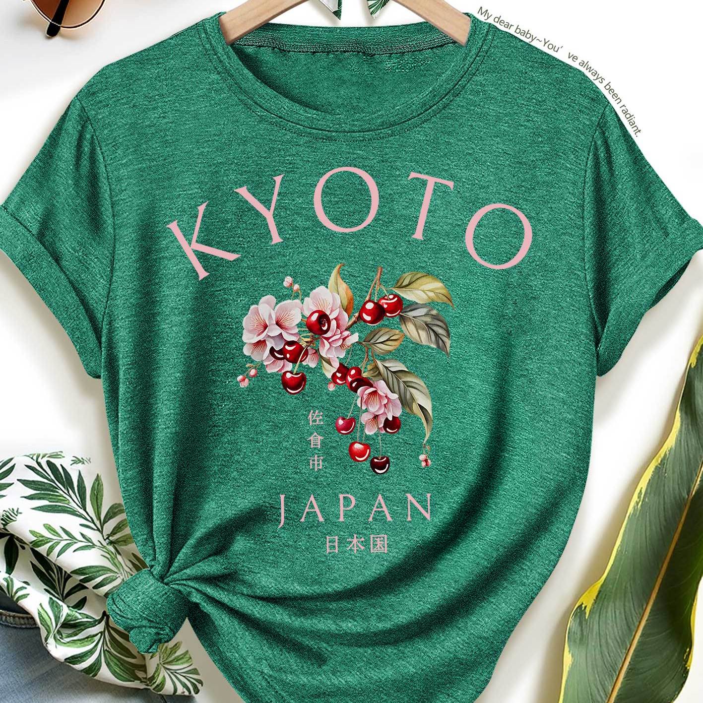 TEMU New Summer Women's T-shirt With Cherry And Cherry Print, Suitable For Daily Streetwear, Commuting, Vacations, And Summer . Elegant Vintage Style
