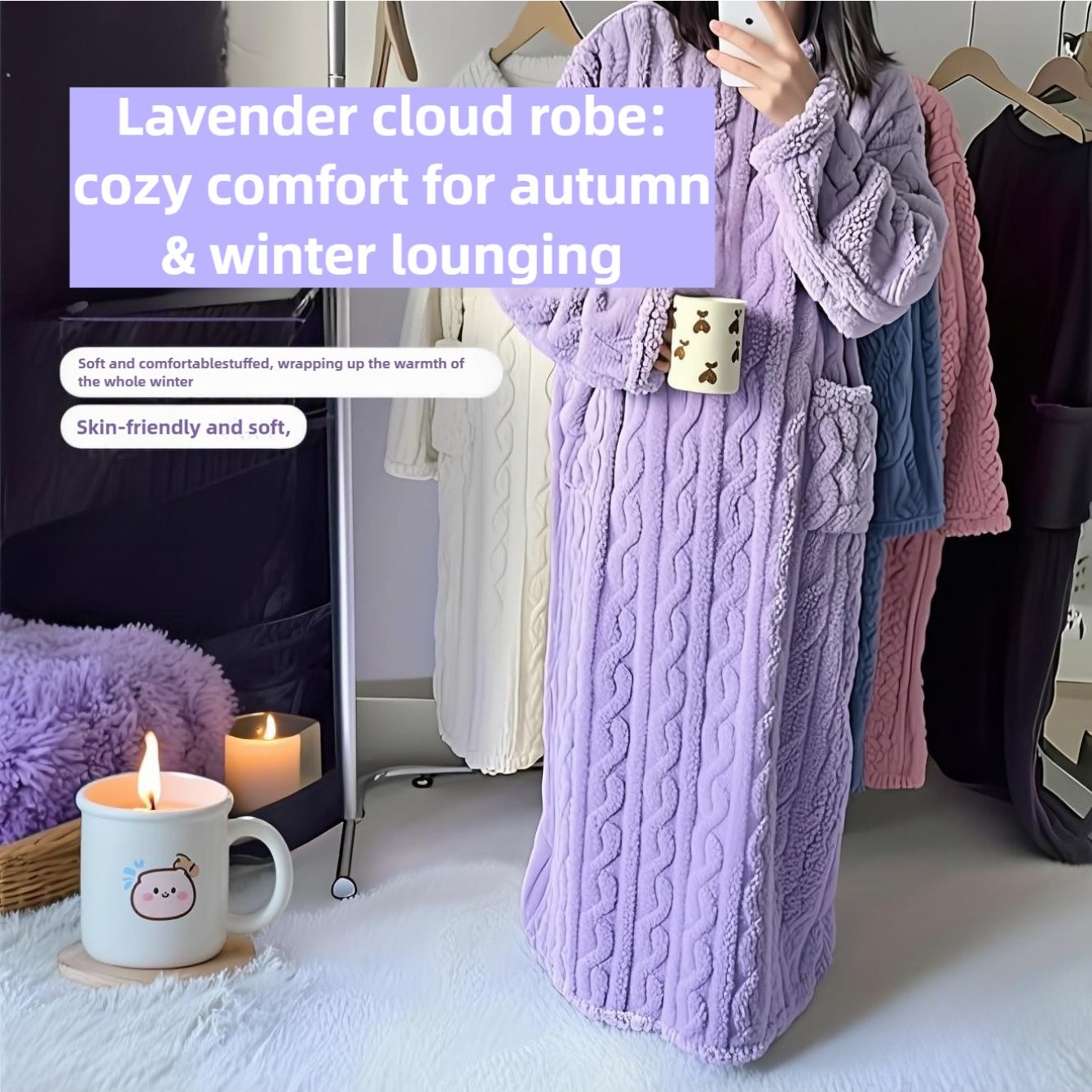 TEMU 1pc Unisex Long Plush Robe Twisted Texture Large Pockets Loose Robe Fleece-lined Thickened Warm Autumn And Winter Loungewear Cute Casual Plush
