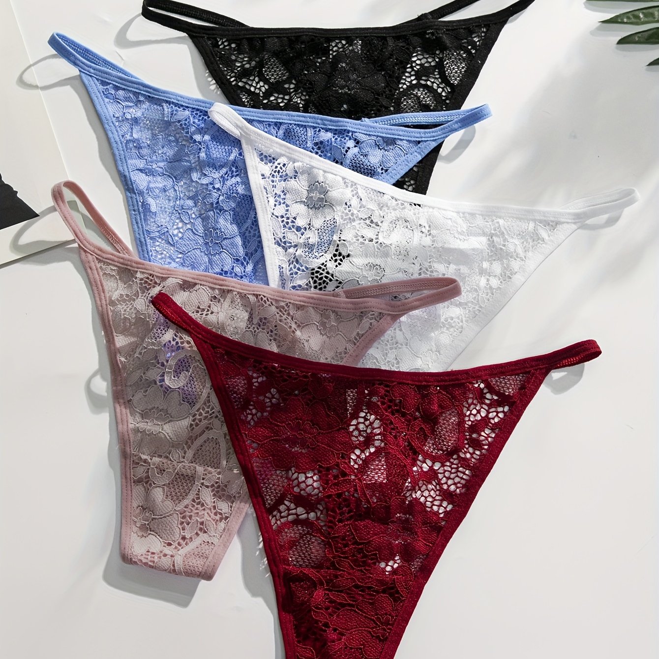 5pcs Semi-sheer Floral Lace Thong Women's Hollow Out G-string Panties