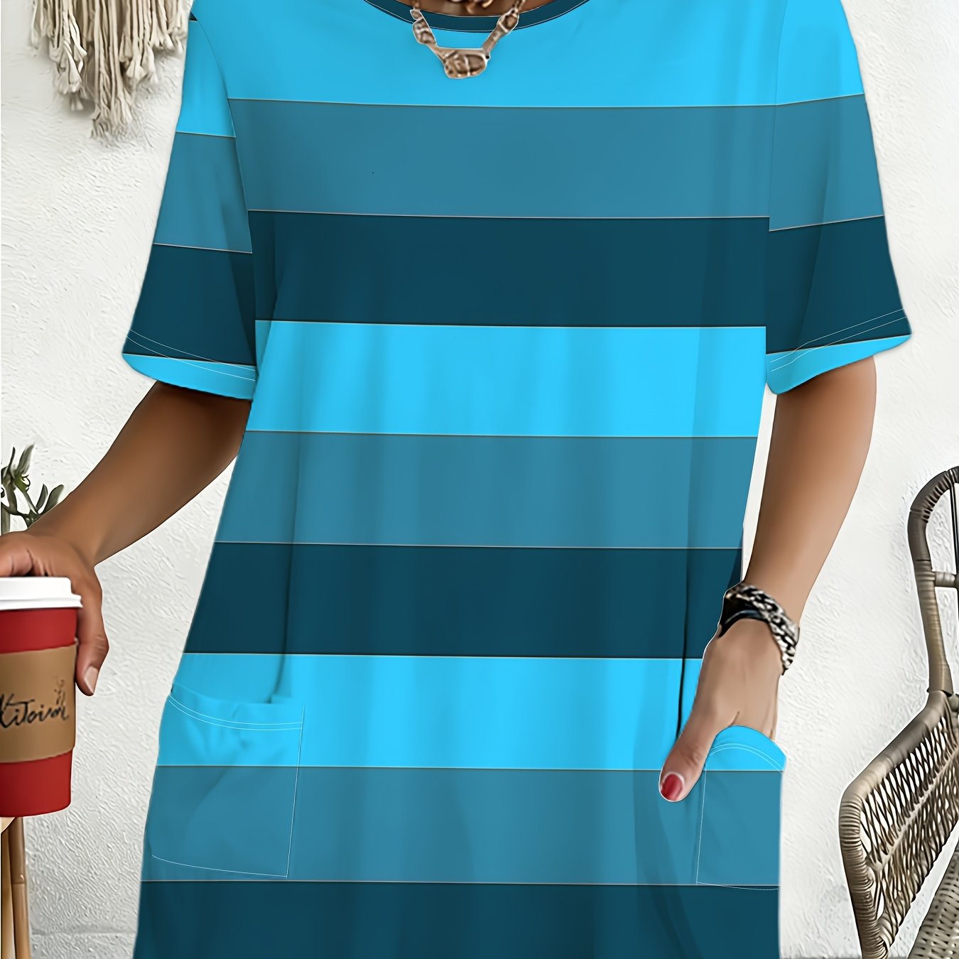 TEMU Striped Short Sleeve T-shirt Women's Loose Plus Size Top, Dark Blue , Casual Versatile Style, Front Pocket , Summer Comfortable Breathable Shirt
