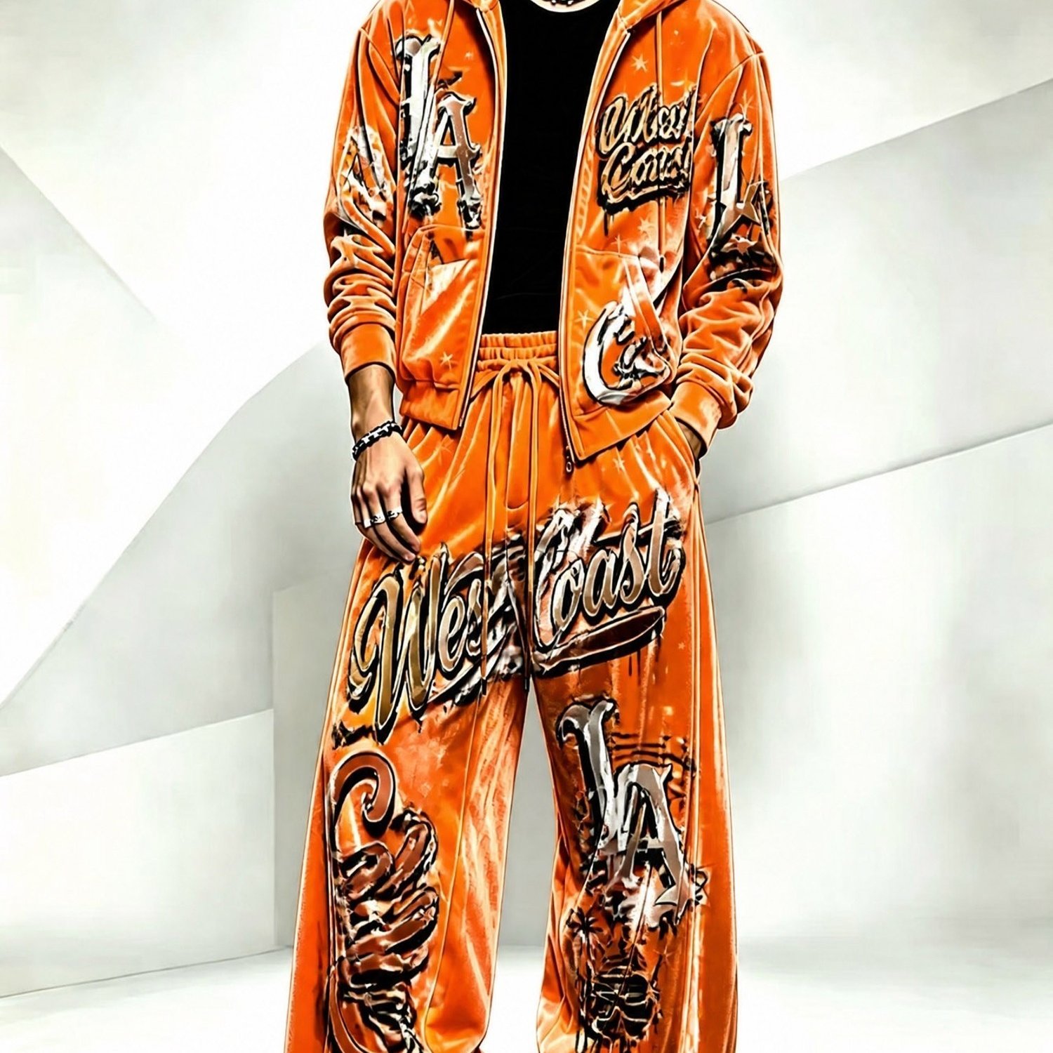Image of Men's Velvet Casual Sports Suit 2pcs Set(hooded Jacket+ Wideleg Pants), Featuring Eyecatching "" Los Angeles And Star Prints, Made Of Soft Polyester Blend Fabric, In Sizes, Suitable For Street And