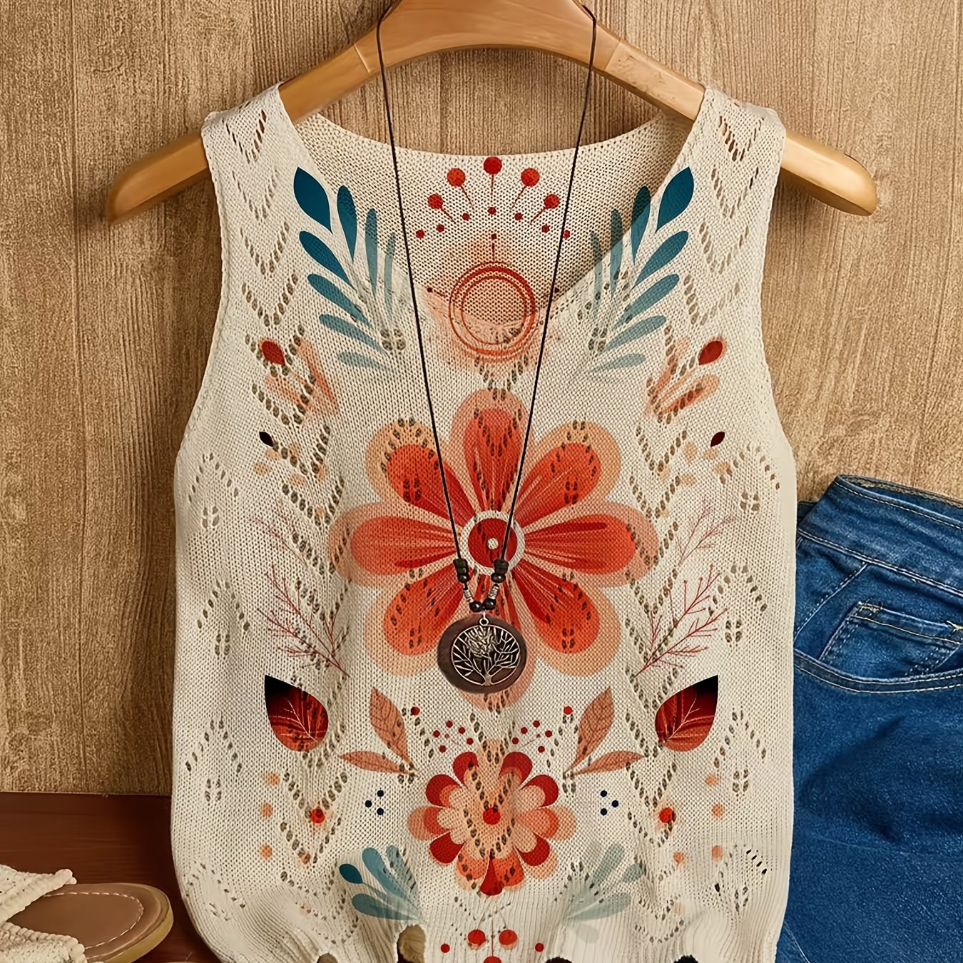 TEMU [Impression Numérique 2D] Bohème d'Été, Nouveau Pull Tendance et Élégant Polyvalent à Lacets, Haut Femme Motif Impression Numérique Plate, Pièce