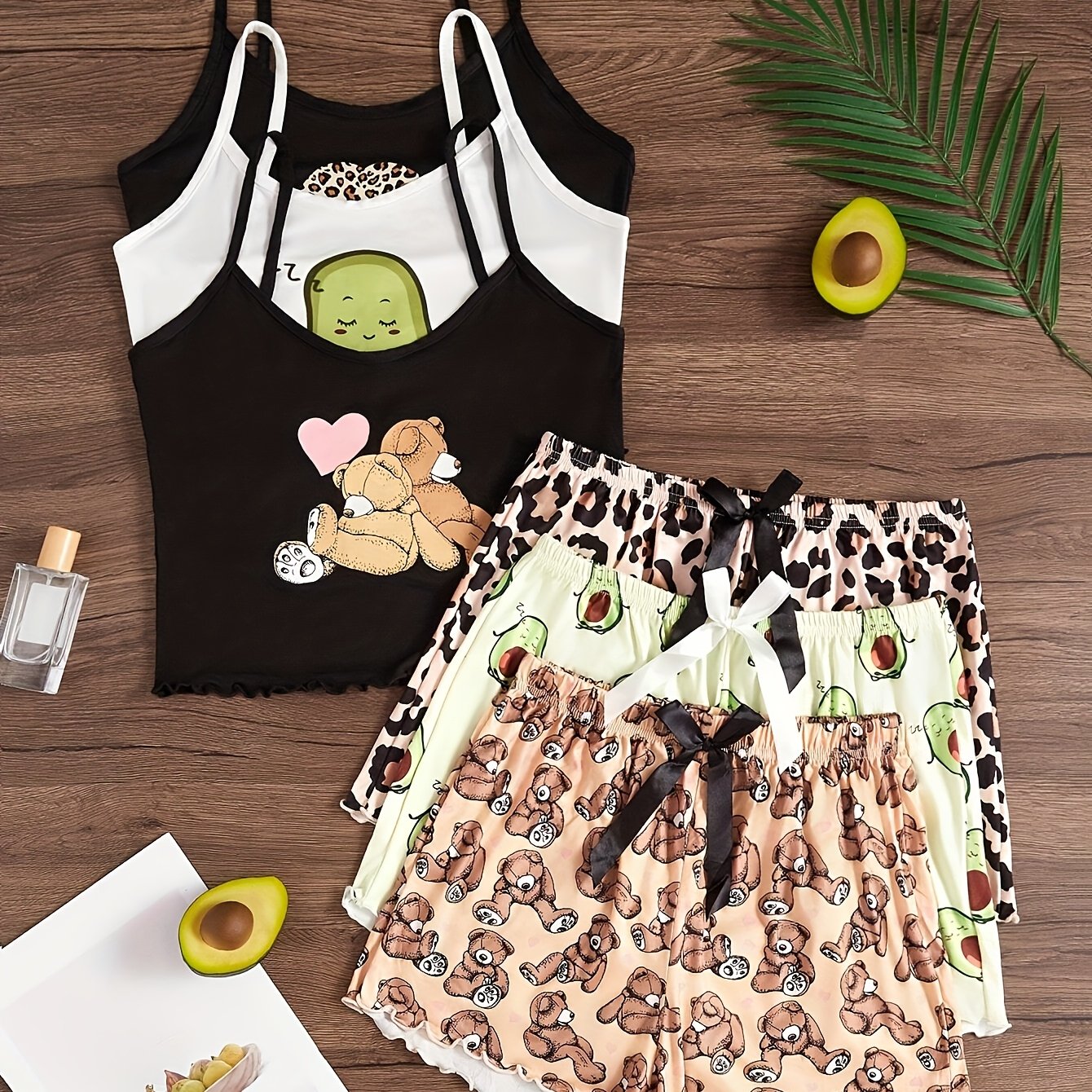 Image of Women's Cute Bear Print Pajama Set - 3pcs Cami & Shorts With Bow Detail, Soft Polyester Blend, Machine Washable