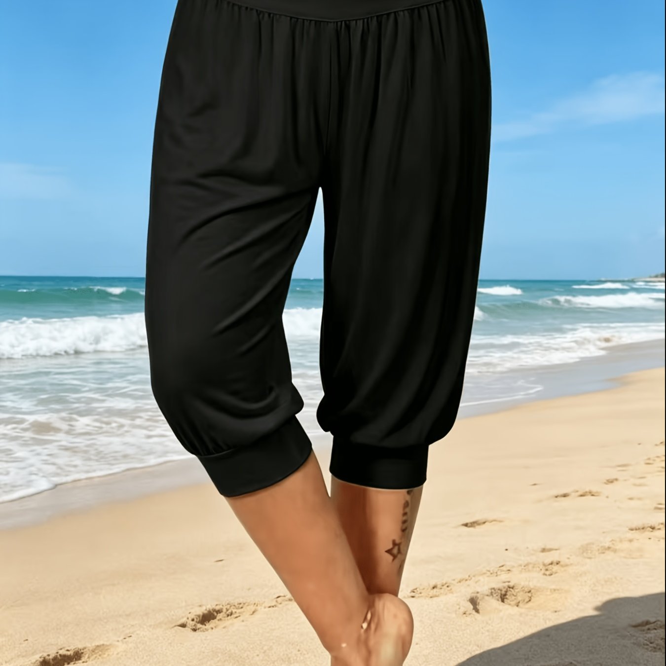 E-shop Damen Harem-Caprihose mit hoher Taille lockerer Passform – einfarbige, dehnbare Yoga-Jogginghose, geeignet für Fitnessstudio, Freizeitkleidung &
