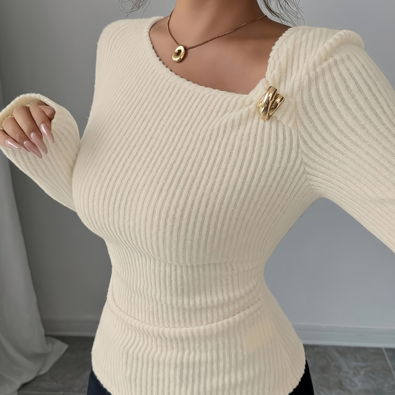 TEMU Tailored Long-sleeve Top With Irregular Neckline And Metallic Accents For
