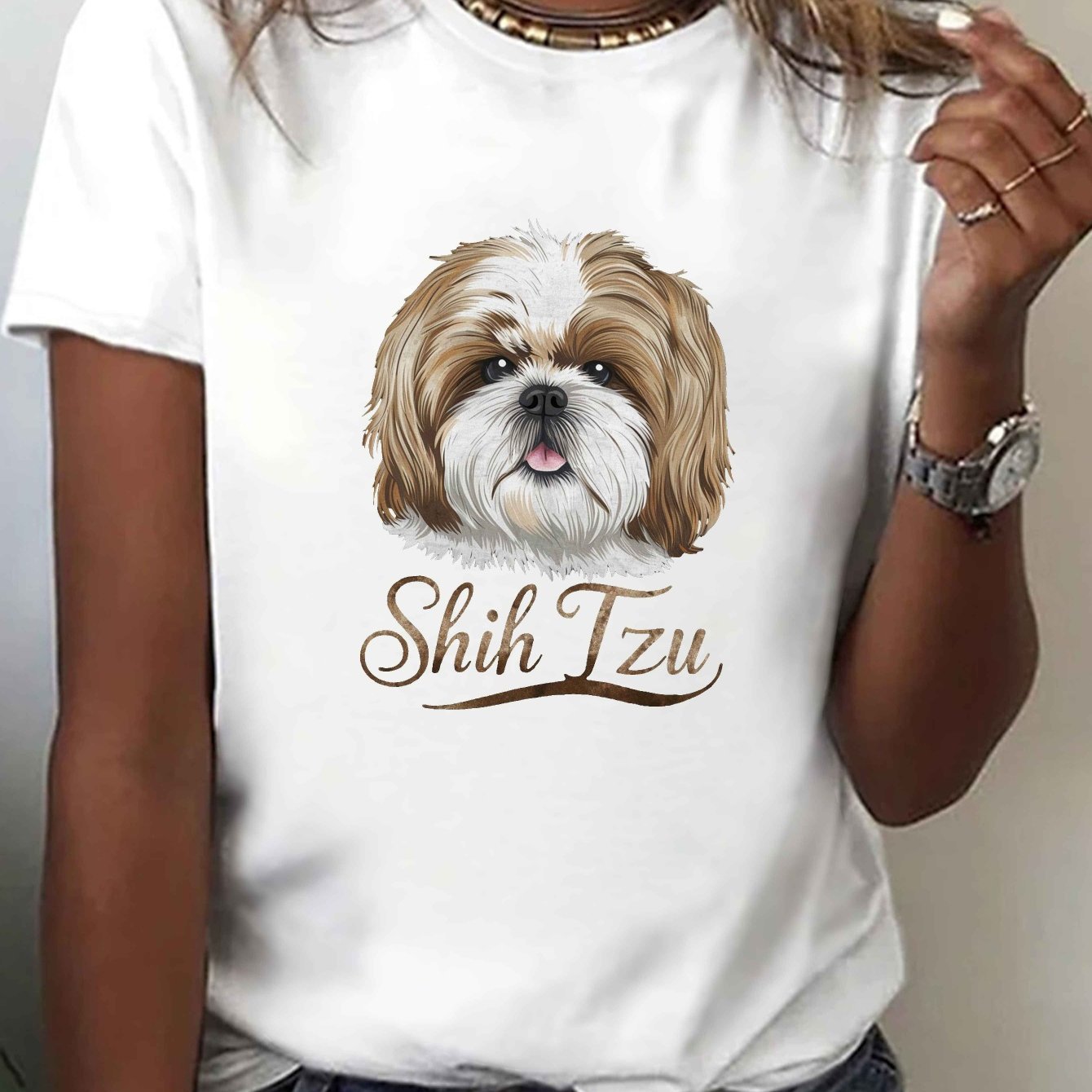 TEMU Shih Tzu Dog S Face Illustration Print T-shirt, Short Sleeve Crew Neck Casual Top For Summer & Spring, Women's Clothing