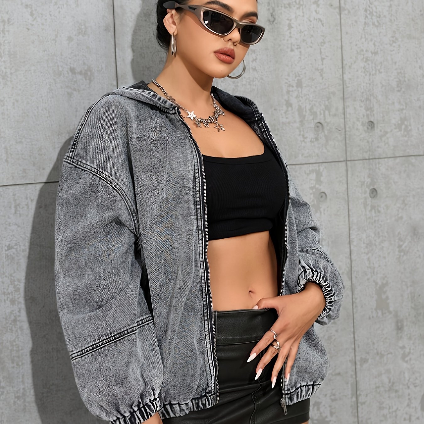 Image of Autumn Winter New Style Long Sleeve Loose Zipper Women's Washed Denim Hooded Jacket Women's Denim Coat Women's Denim Jacket Women's Denim