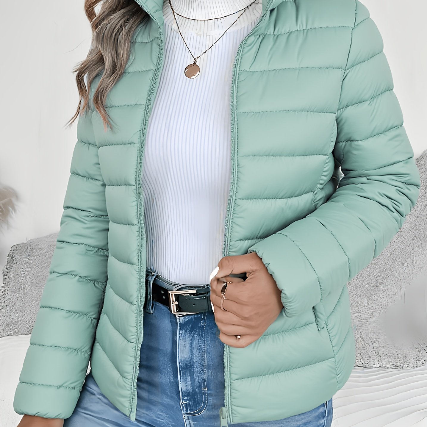 TEMU Women's Spring Slim-fit Lightweight Warm Solid Color Jacket - Elegant, Stylish, And Versatile Beautiful Jacket - Stand Collar Zipper Long Sleeve