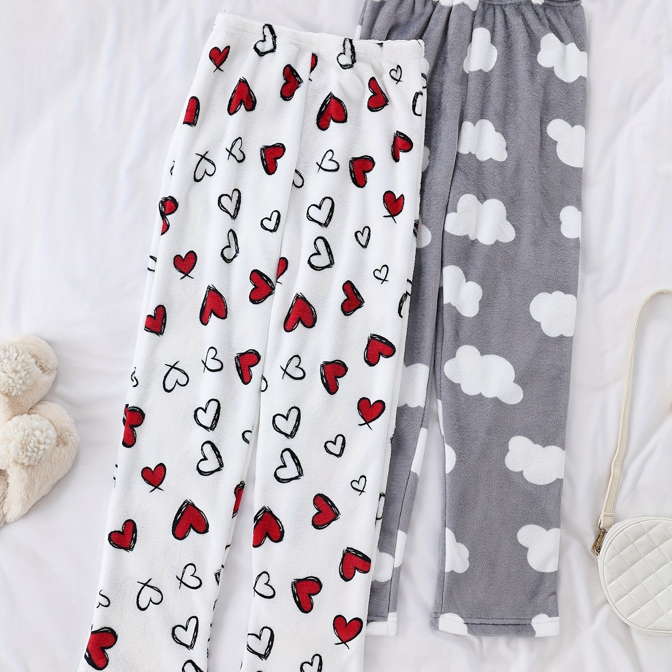 Image of 2pcs Cozy Flannel Women' Pants - Cartoon Print, Elastic Waistband, Machine Washable - Perfect For Fall/winter