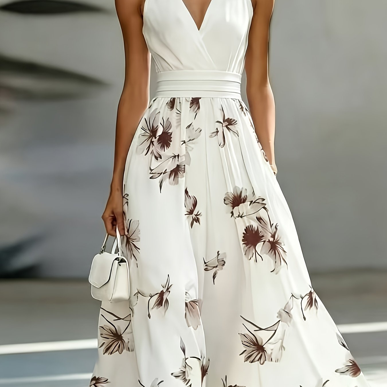 Image of Ak260324054 Women's -neck Sleeveless Cinched Waist Elegant Midi Dress, Suitable For Work, Casual, And Vacation