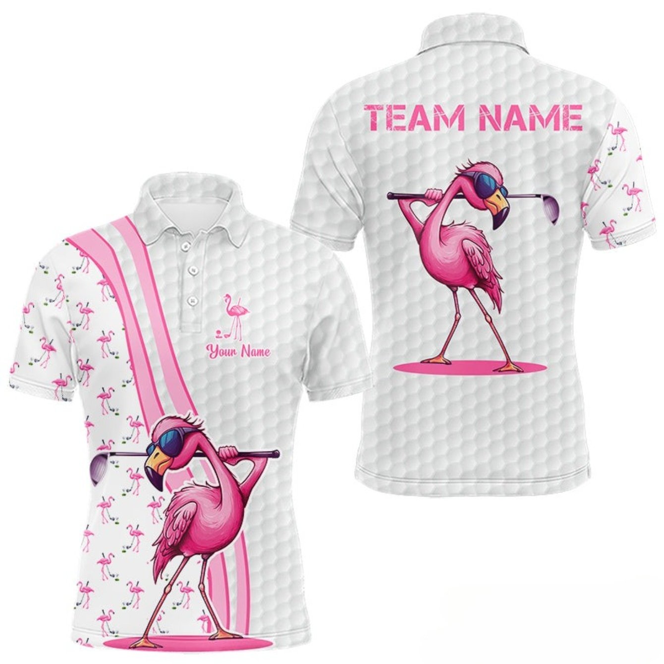 TEMU Custom Men's Flamingo Print Golf Shirt - Personalized Name/team Name, Shirt With Pink Flamingo & Palm , Golf Shirt, Casual Sportswear, Design,