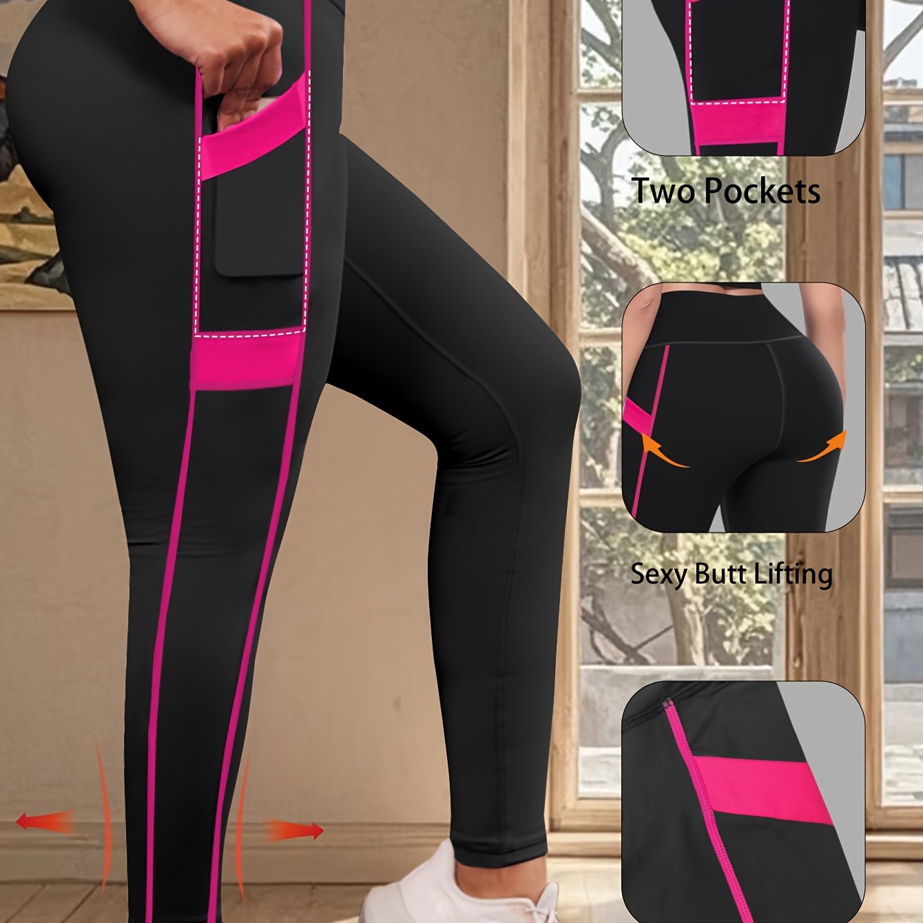 E-shop Damen Yoga Hose in großen Größen mit hohem Bund, Color-Blocking-Design und Seitentaschen für Sport und Fitness