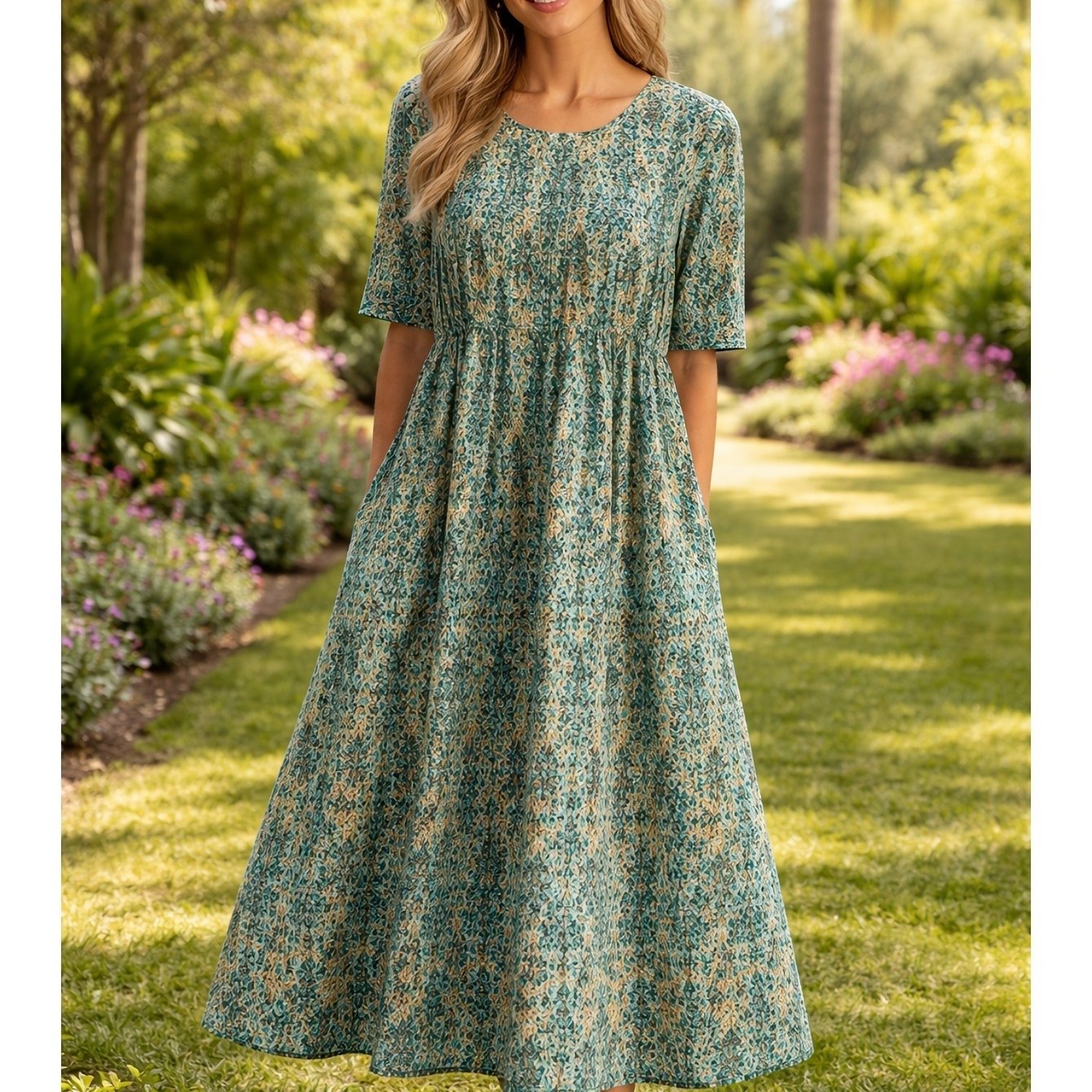 Image of New Arrival! Women's Midi Dress For Spring/summer, Short Sleeves, Round Neck, Pleated Waist, With Pockets, Breathable And Comfortable, Perfect For Summer Vacations And Casual Wear, And A Top As A Gift