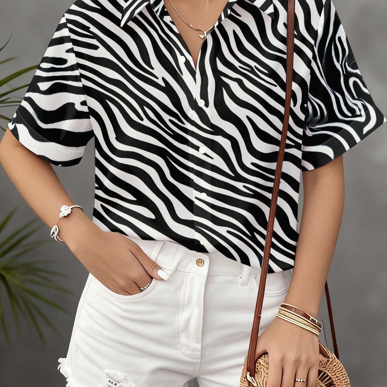 TEMU 1pc New Women's Shirt - Casual Short Sleeve Blouse With Black And White , Dynamic Lines, Niche Design Pattern, Fashionable Easy Button-up Shirt,
