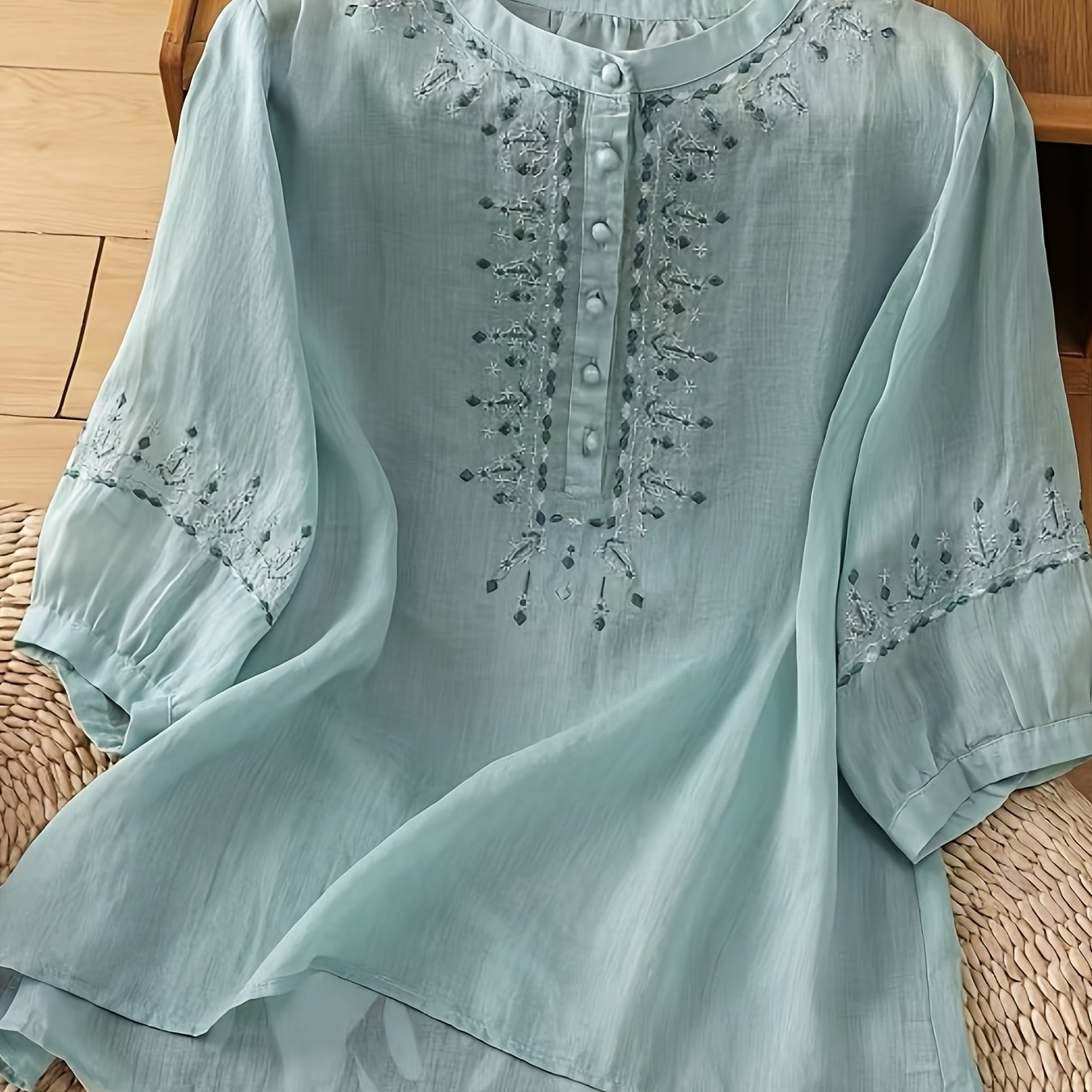 TEMU 【レディース】リネンシャツ - 七分袖。ゆったりベリーカバー刺繍シャツ。半袖シャツ、夏に最適な軽量タイプ