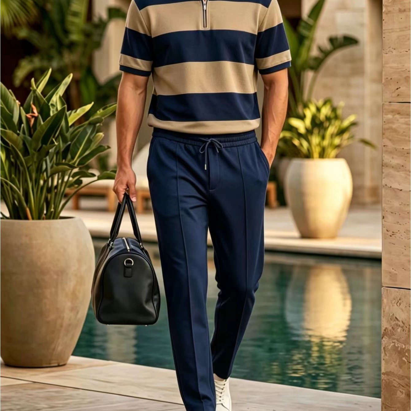 Image of Men's 2pcs Summer Men's Horizontal Stripe Half Zipper Stand Up Collar Short Sleeved Top+same Color Straight Leg Pants Light Luxury Casual Sports Set, Plus Size
