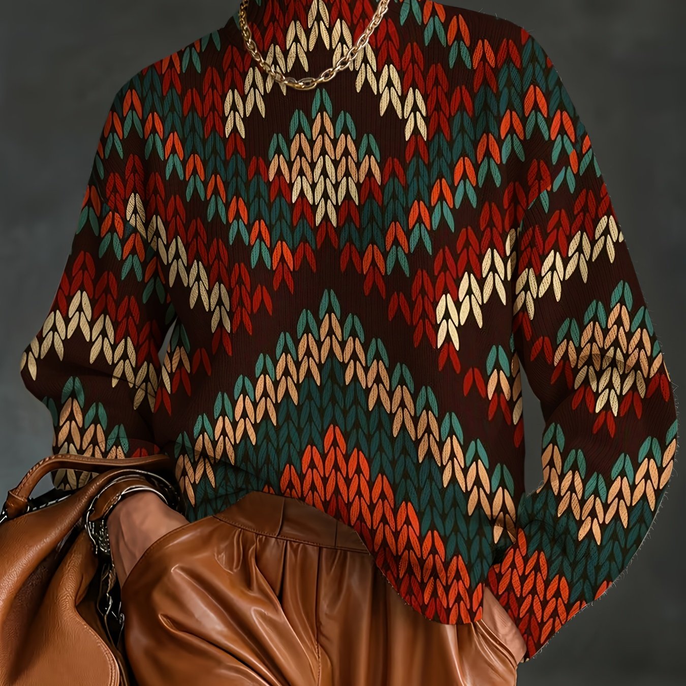 TEMU [2d Digital Printing] Autumn/winter Half-turtleneck Long-sleeve Bohemian Sweater With Geometric Patterns, Most Ethnic Vintage Fashion, New