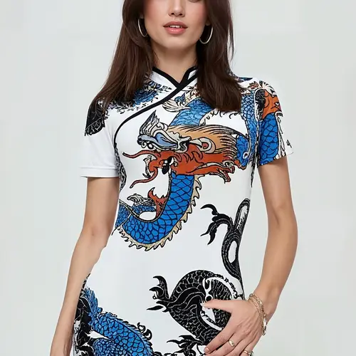 dragon print random cut women collar short sleeve elegant dress