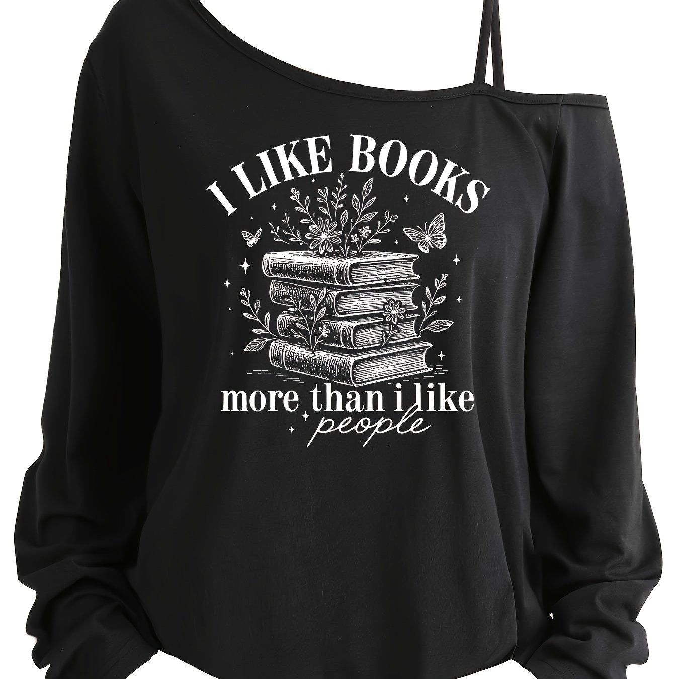 TEMU Asymmetrical Neck Women's Long Sleeve T-shirt | Book Lover Print, Off-shoulder Design, Fit, , Fabric