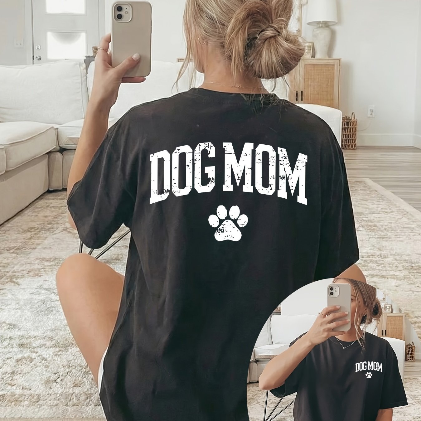 Image of Plus Size, White "dog Mom" Print With Paw Print Pattern On Front And Back, Short-sleeve Crew-neck Casual Top, Suitable For Women's Spring And Summer Wear