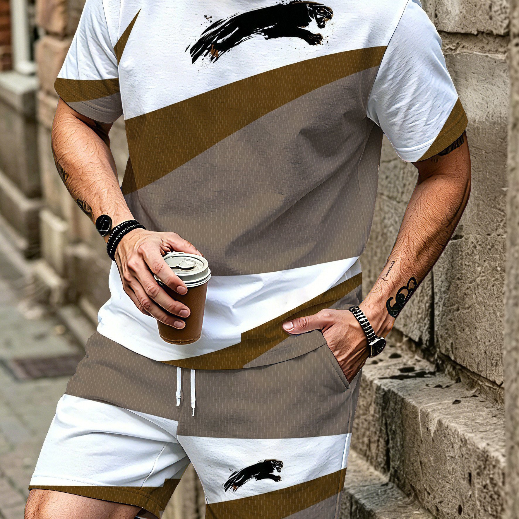 TEMU 2pcs Men's Casual Round-neck Short-sleeve T-shirt And Shorts Set, Men's Casual Shorts Two-piece Set, Men's Beachwear Set, Men's Casual Patterned