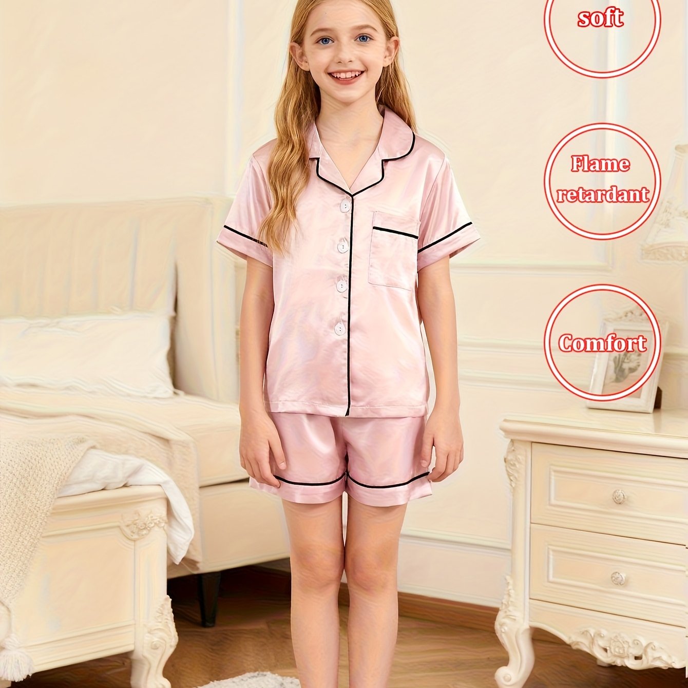 2pcs Set Of Children's Casual Simple Solid Color Comfortable Short Sleeve Cardigan With Turn-up Collar Top And Shorts Pajama Set For Summer