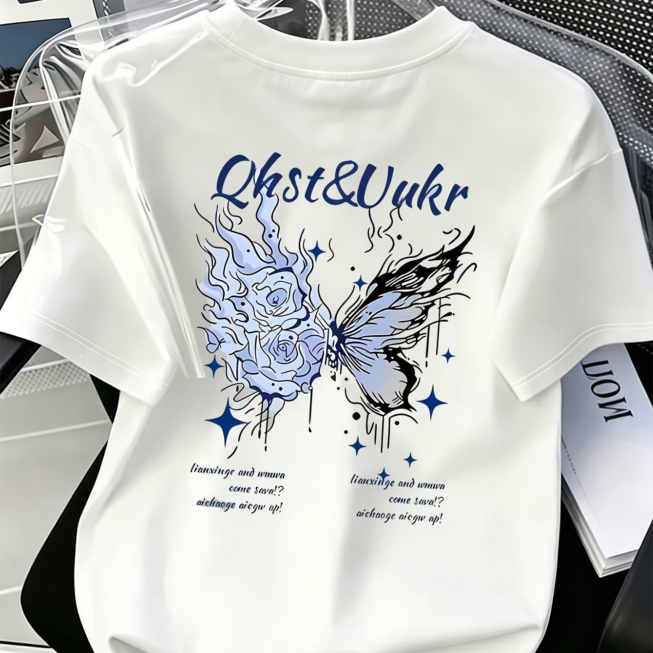 TEMU Trendy Brand Summer Round Neck Short Sleeve Casual Athletic T-shirt Street Design Sense Print Niche Premium Casual -match Thin Regular Sleeve