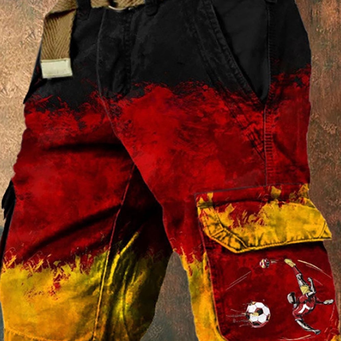 Men's Germany Inspired Ombre Cargo Shorts With Soccer Player Print, Tactical-inspired Multi- Shorts