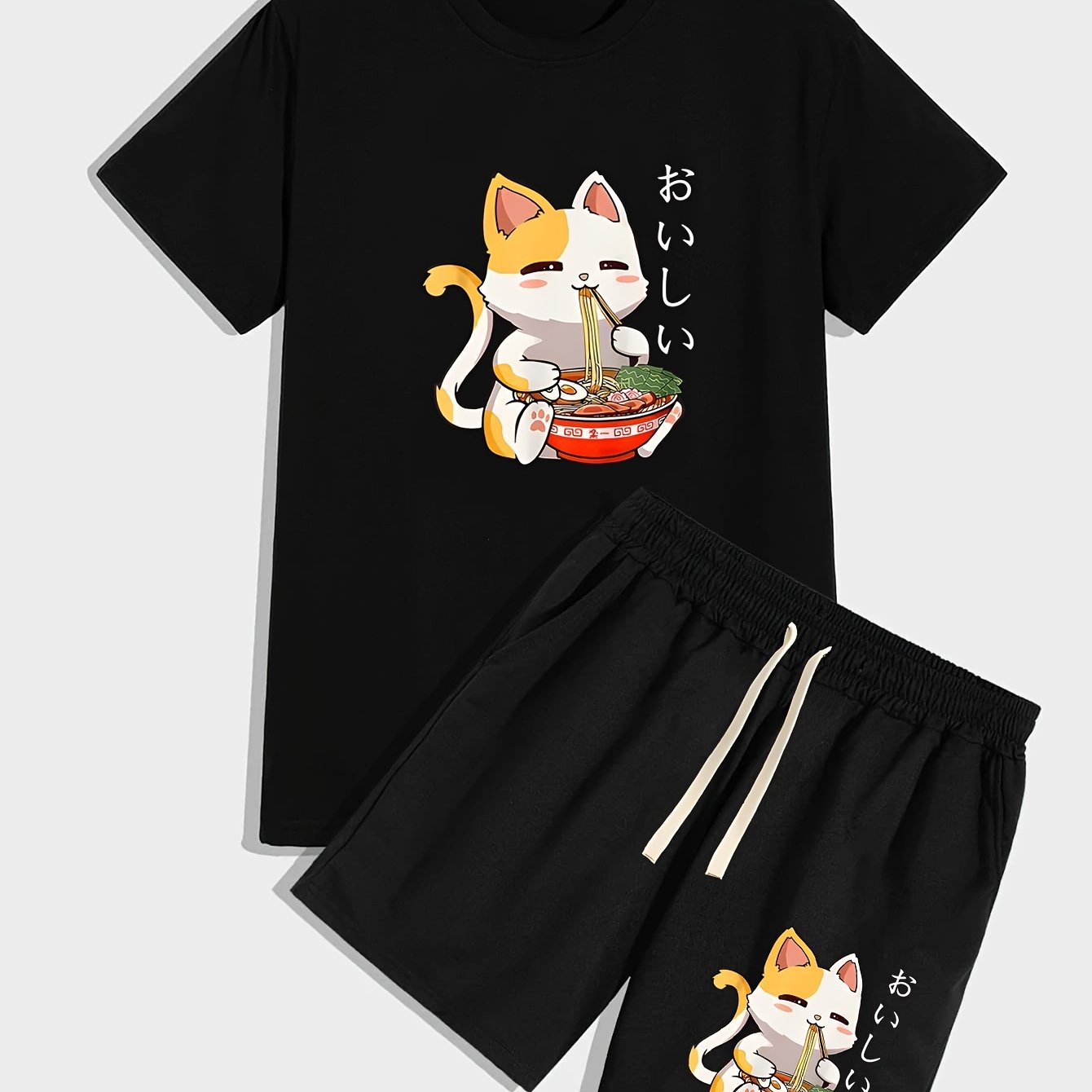 TEMU Men's Cute Cat & Noodles Print 2pcs Set - Comfy Polyester T-shirt And Drawstring Shorts, Machine Washable - Summer, Happy Eating Noodles, Round