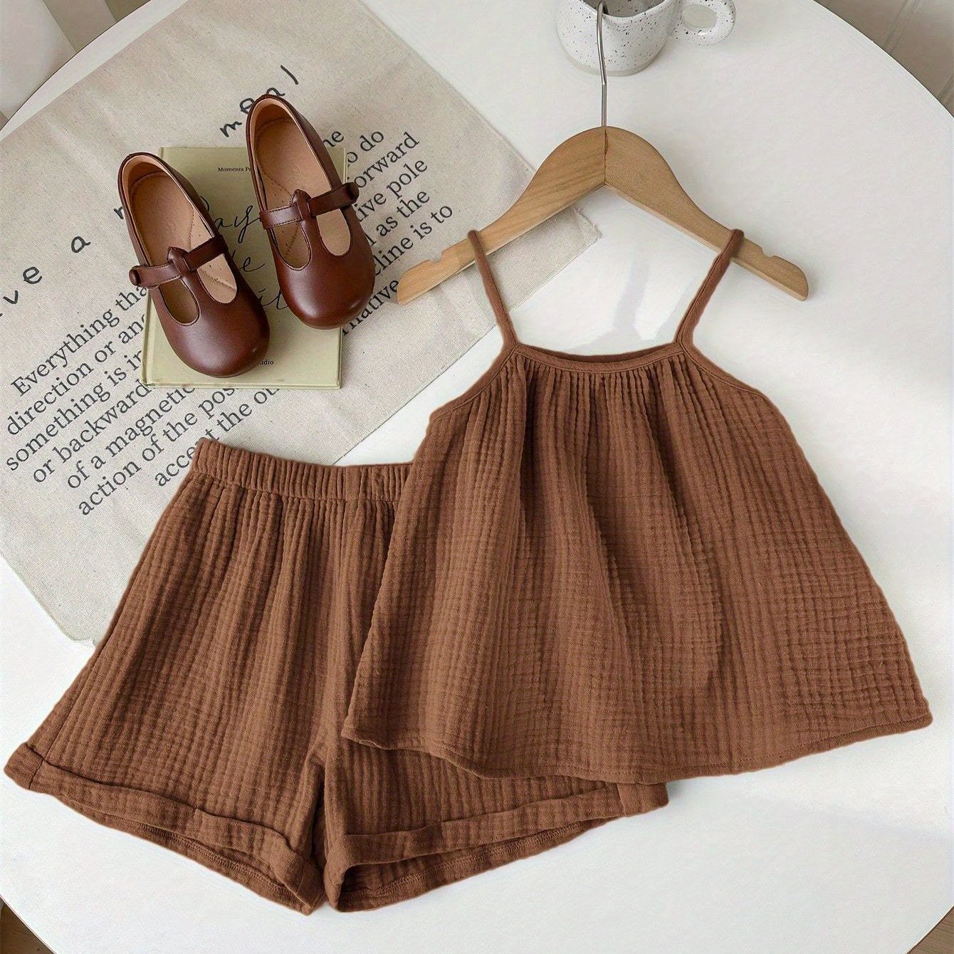 E-shop 2er-Set Sommerliche Einfache Lässige Lockere Cami-Oberteile mit Spaghettiträgern und Gefalteten Saum Shorts für Mädchen, für Draußen