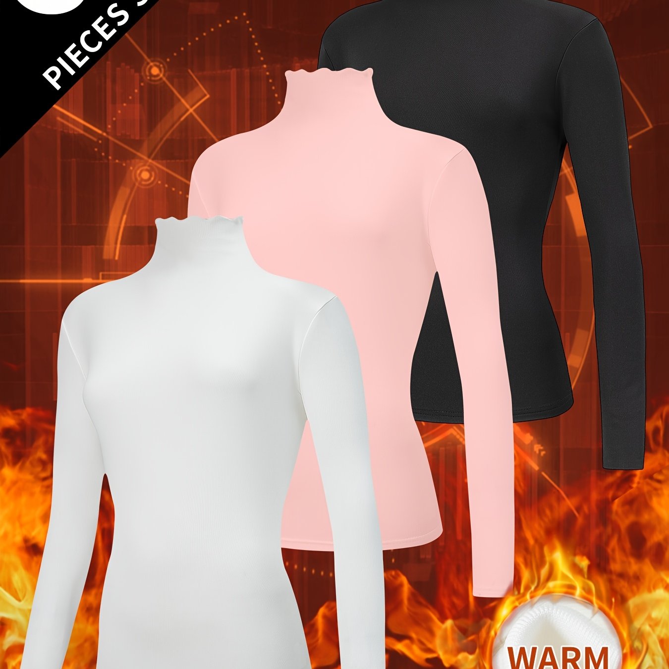 TEMU 3pcs Women's Thermal Long Sleeve High Neck Base Layer Tops With Lace Neckline, Tight-fitting Undergarment For Autumn And Winter