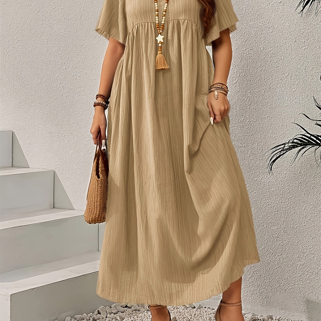TEMU Women's Dress, Casual And -neck Batwing Sleeve Short-sleeved Pleated Casual Dress, , Women's Holiday Wear, Easy And Fashionable, Suitable For