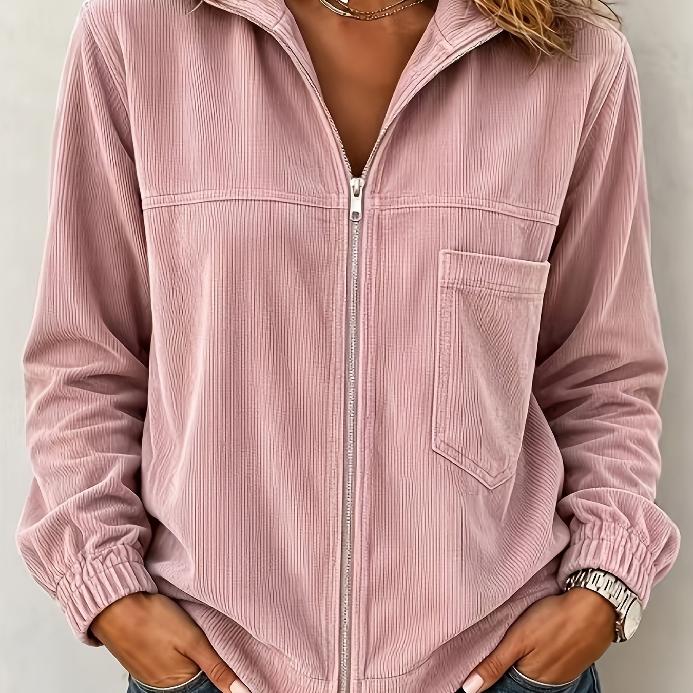 TEMU Asd1 Women's Corduroy Zip-up Jacket, Stand Collar Long Sleeve Casual Coat With Pocket, Loose Fit Daily Outerwear For Spring And Fall