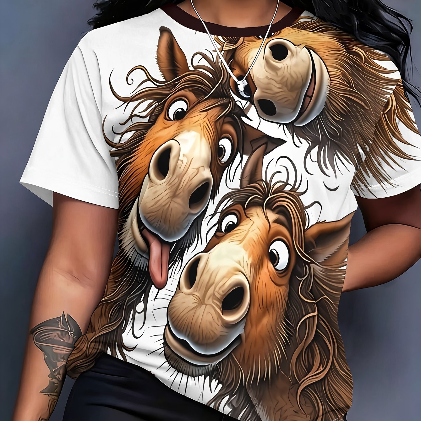 TEMU Women's Casual Short Sleeve T-shirt With Fuzzy Curly Cartoon Horse Head And Smiling Cute Pattern, Machine Washable Women's Top, Summer Fashion