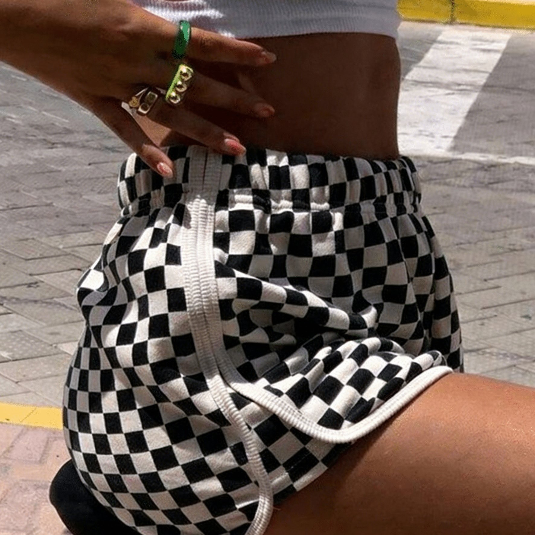 Women's Loose Shorts, -waist Casual Pants, Checkerboard Stretch Waist Wide-leg Outer Wear Trousers