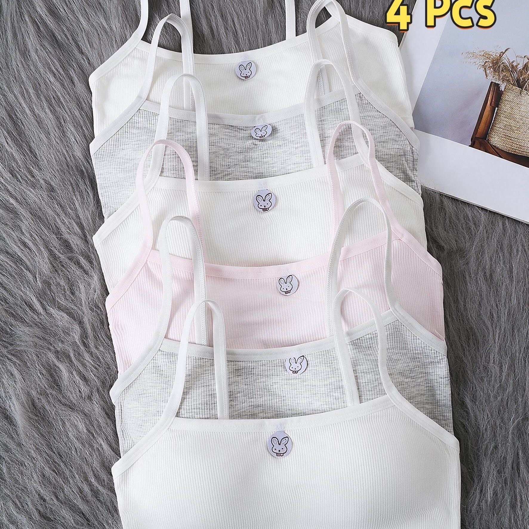 Random 4pcs Set, Comfortable And Cute Girls' Bra For Children, With Removable Pads, Suitable 9-14, Breathable Student Underwear