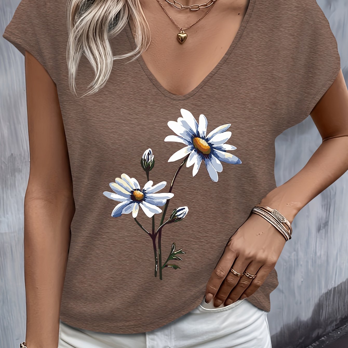 TEMU T-shirt décontracté printemps-été à motif floral, manches, col en V et manches courtes