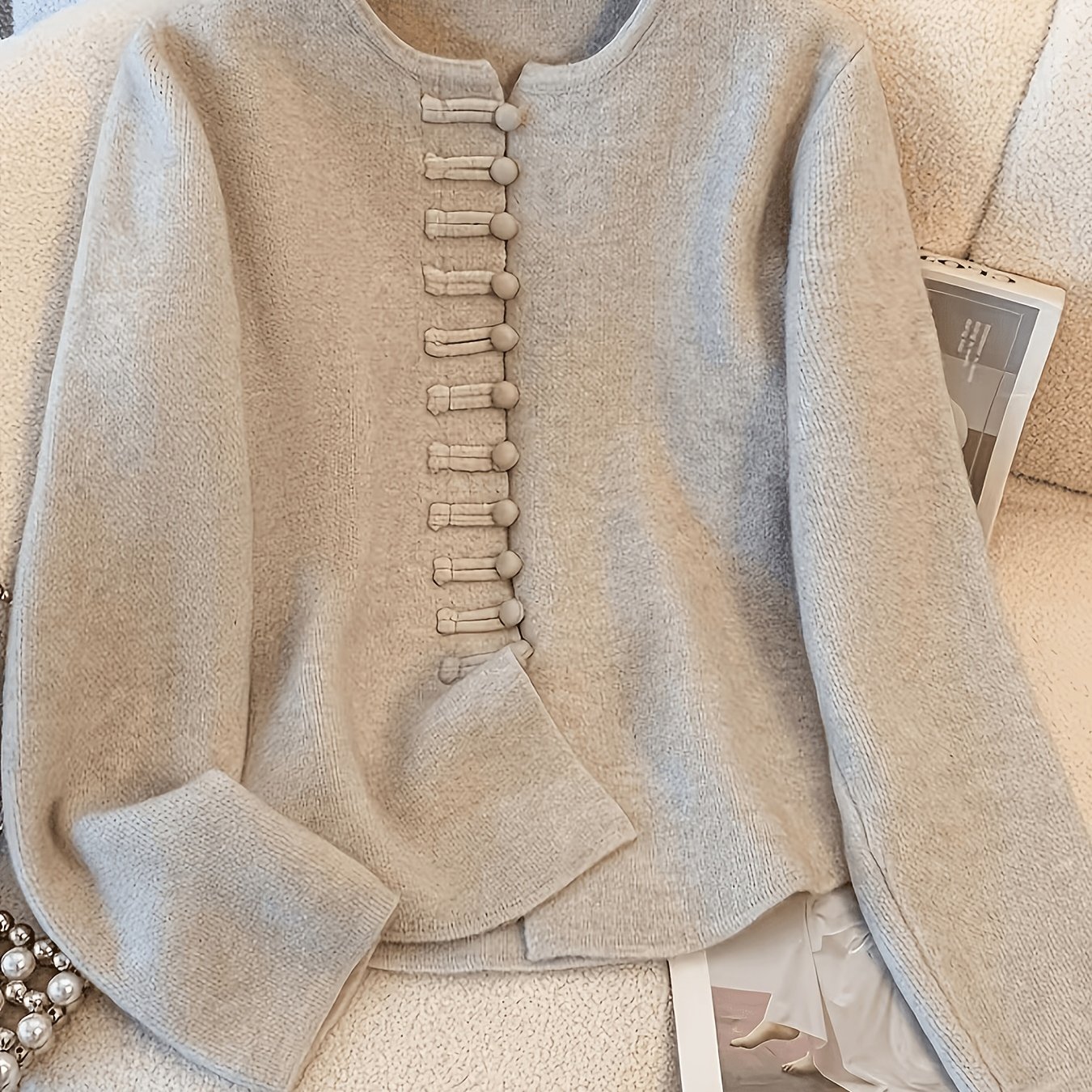 TEMU 2026 Autumn/winter New Chinese Style Button-detail Cardigan Women's Autumn Round Neck Long Sleeve Jacket Easy Temperament Loose Soft Sweater Top