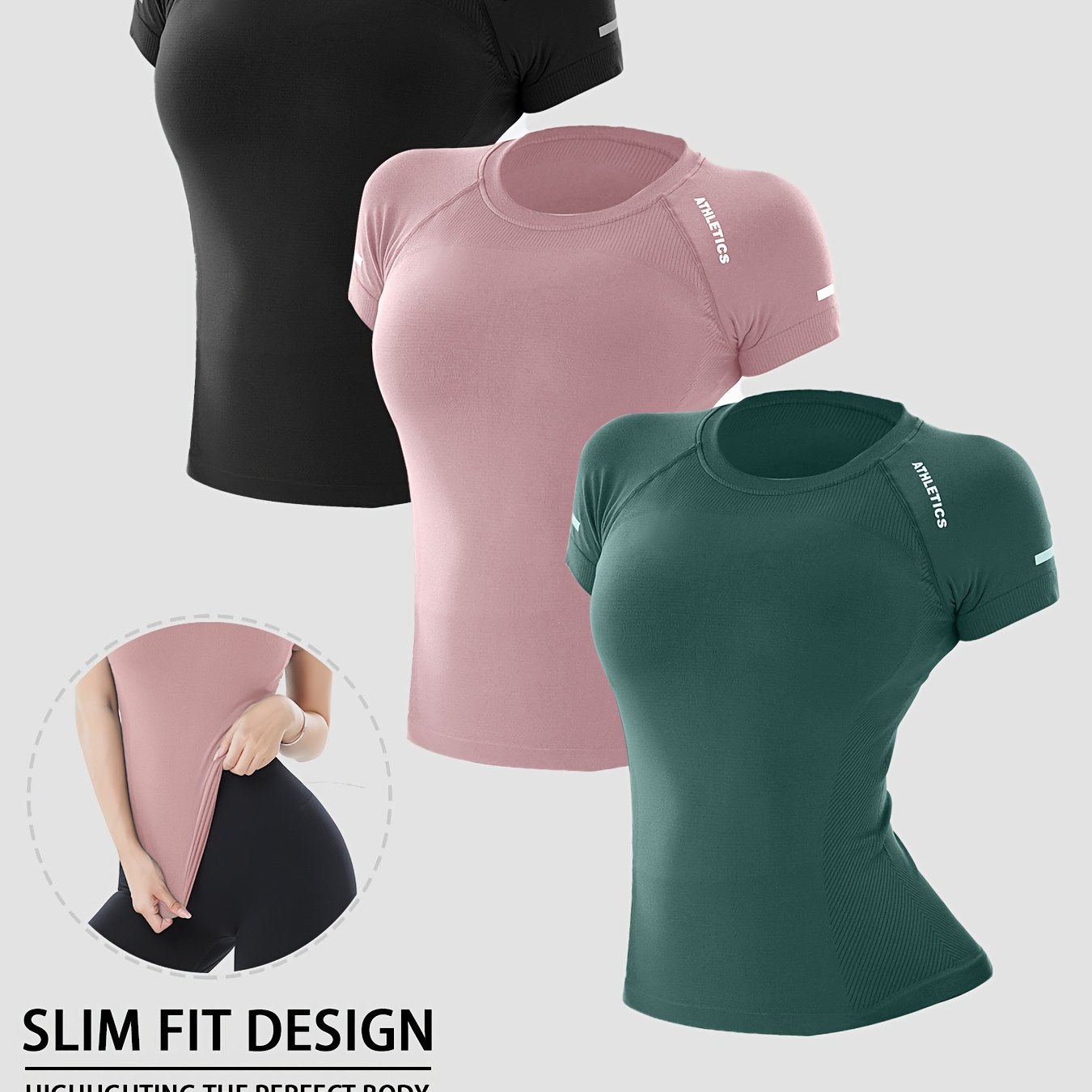 TEMU 3pcs Women's High-elasticity Semi-sheer Nude Color T-shirts - Breathable Round Neck Short Sleeve Yoga Gymnastics Tops For Running, Pilates &