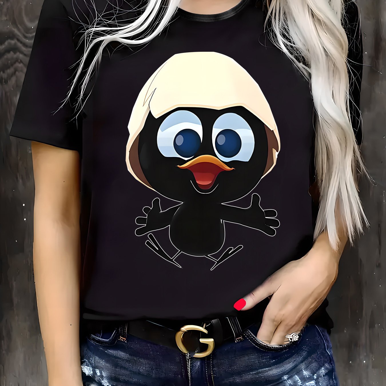 Image of Plus Size, Women's 180g Black Crew Neck Short Sleeve T-shirt- Fun& Unique Cartoon Design, Perfect For Casual Outfits& - Trendy& Comfortable Summer Top